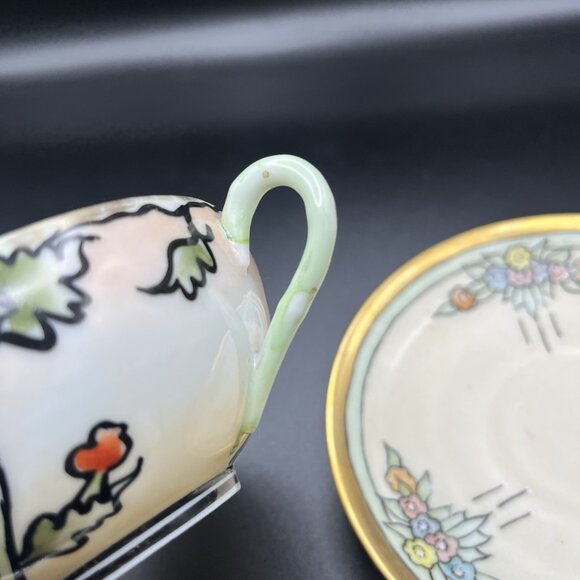 Antique Hand Painted Japan Teacup & Germany Porcelain Saucer Mismatched Art Deco - Picture 7 of 7